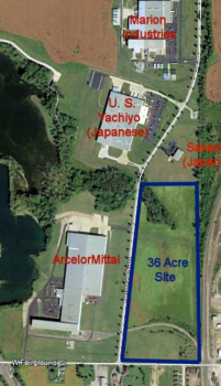 A stie map showing U.S. Yachiyo, ArcelorMittal, Marion Industries, and an open site. 