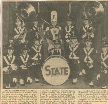 A newspaper clipping from The Marion Star shows local members of The Ohio State University marching band. 