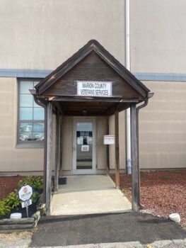 The entrance to the building on the side of the Veterans Memorial Coliseum.