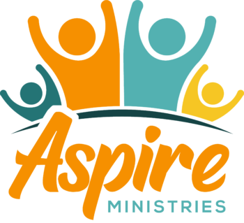 The Aspire shows various cartoon people holding their hands up over their heads. The shapes are orange, teal, dark green and yellow. The text says Aspire Ministries in orange and blue in a casual font. 