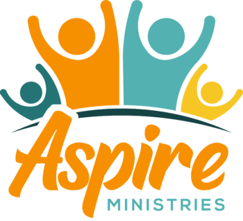 The Aspire shows various cartoon people holding their hands up over their heads. The shapes are orange, teal, dark green and yellow. The text says Aspire Ministries in orange and blue in a casual font.