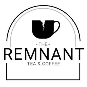 The Remnant Coffee & Tea logo. It features a cracked coffee mug in the outline of a window that is oval at the top and square at the bottom with the text prominently under the coffee mug.