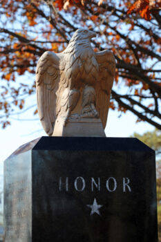 A closer photo of the bronze eagle atop the World War II memorial. 
