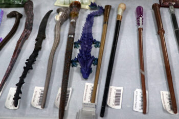 A selection of Harry potter wands of various lengths and colors of wood with a purple dragon figure in a cabinet.