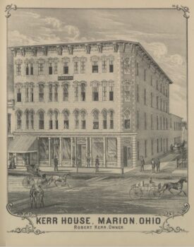 Drawing of a four-story brick building in Marion. It has storefronts and offices on the first floor with large windows and smaller arched windows on the higher floors with people looking out of apartments. On the street, men wear top hats, suits and carry canes. Women wear full-length dresses, hats and carry parasols. A horse pulls a carriage. 