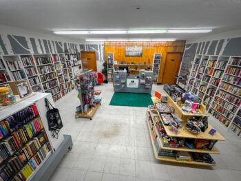 A phot oof the inside of the shop showing gray birch tree walllpaper, neat white shelves filled with books, and displays with games, toys, and other items. A gray check-out counter with candy and the store logo is in the back center of the photo. 