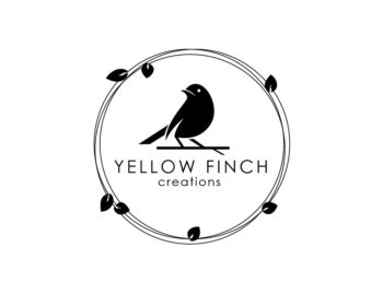 Yellow Finch logo is a black outline of a bird surrounded by a circle with black leaves. It has Yellow Finch creations in the center under the bird.