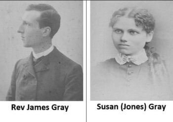 Black and white photos of a white man with a white collar and dark suit and a woman with her curly dark hair puled back, a white lace collar, and a dark dress.