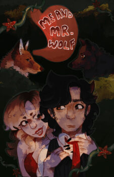 The cover art fror "Me and Mr. Wolf." A blonde woman in a red dress with fangs and long black claw-like nails holds a doubtful-looking man with black hair, a white shirt, red tie and vest. A red wolf and a hidden figure are in the background.