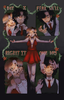 An image from inside the comic as the couple puts claws on each other's faces. The title says: But I fear we'll regret it one day. "