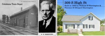 A black and white photo of the small brick train depot; a black and white photo fo a senior Mr. Harrington, and a small house.