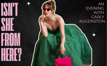 Graphic for the one night show featuring Carly in a green dress with a red handbag and sunglasses. 