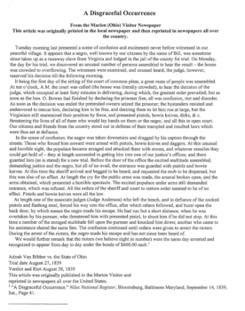 A handout with a newspaper article from The Marion Visitor about outrage over the Bill Anderson Trial and refusal of the Virginians to honor the verdict.