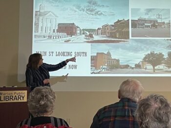 The historian compares a drawing of Main Street from 1839 when Bill Anderson was tried to a photo of the same street today. 
